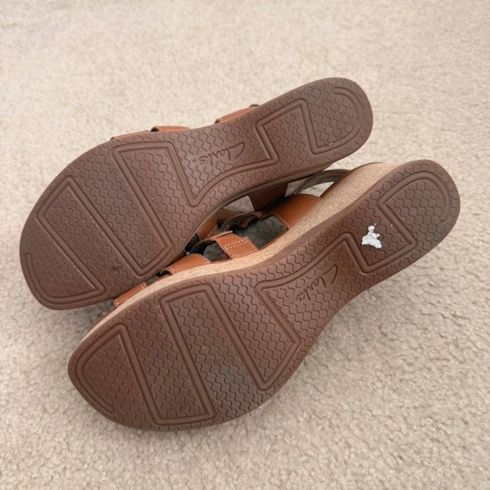 Clarks Collection Women x Jane Leather Tan Brown Strappy Wedge Sandals 9.5 M